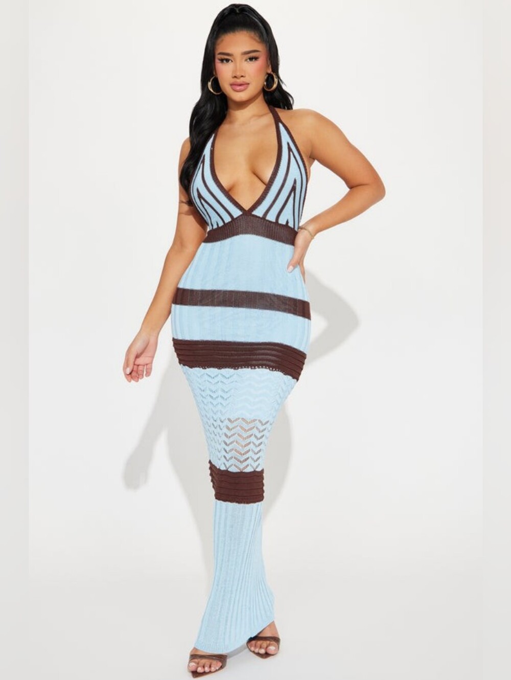 NEW! Fashion Nova Light Blue & Brown Halter Maxi